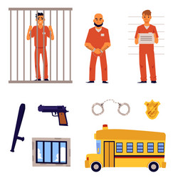 crime and prison set with inmate characters flat vector