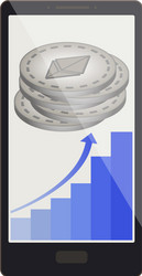 Ethereum coins with growth graph on a phone screen vector