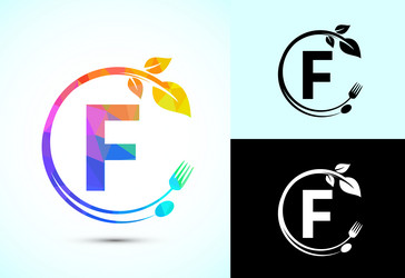 initial alphabet f with a fork spoon and leaf vector image