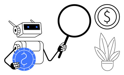 robot analyzing financial data with magnifying vector image