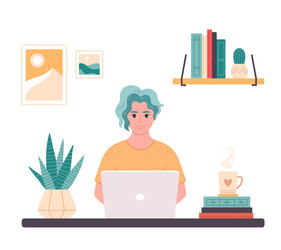 woman working with computer home office vector