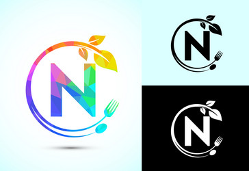 initial alphabet n with a fork spoon and leaf vector image