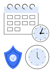 calendar with clocks and shield symbolizing time vector image