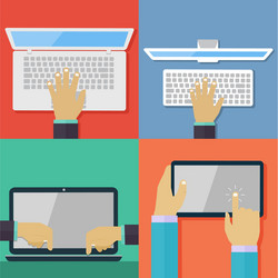 set of flat hand icons holding various hi-tech com vector image