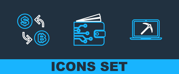 Set line mining with laptop and pickaxe processor vector