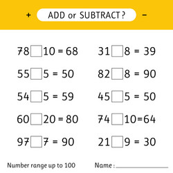 Addition and Subtraction Worksheet - Numbers 1 to vector image