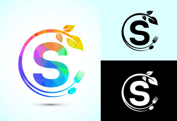 initial alphabet s with a fork spoon and leaf vector image
