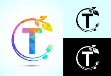 initial alphabet t with a fork spoon and leaf vector image