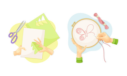 top view of hands creating crafts set vector image