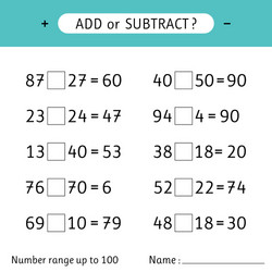 Add or subtract number range up to 100 addition vector