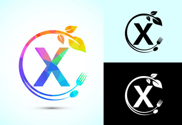 initial alphabet x with a fork spoon and leaf vector image