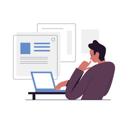 Man thinking and working online at computer vector