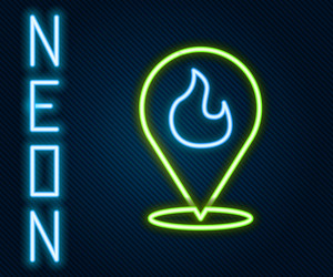 Glowing neon line map pointer with fire flame icon vector