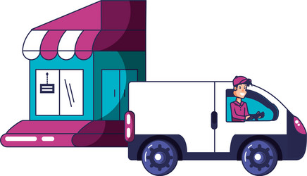 worker delivery service with van vehicle and store vector