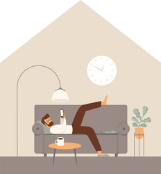 lazy man lying on a sofa using smartphone vector