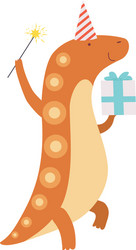 cute dinosaur in party hat with magic wand vector