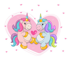 two cute cartoon unicorns on a background heart vector