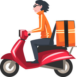 male courier riding scooter with orange parcel box vector