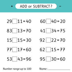 Add or subtract number range up to 100 worksheet vector