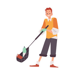 Man collects trash on scoop with long handle flat vector