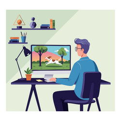 man working at desk with computer showing dog vector image