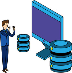 Businessman worker with computer and data center vector