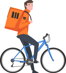 Male courier riding bicycle with orange parcel box vector