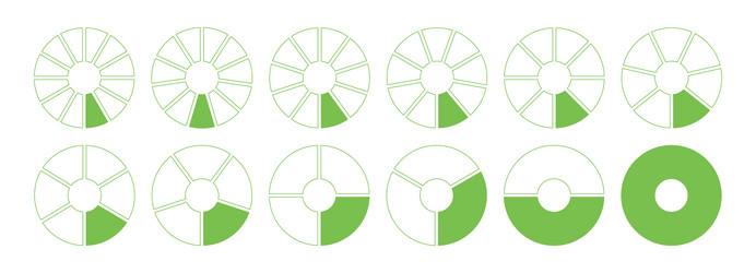 donut charts segmented on from 1 to 12 equal parts vector image