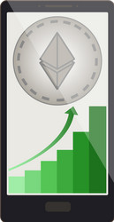 Ethereum coin with growth graph on a phone screen vector