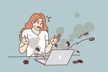 stressed woman stands near exploding laptop vector