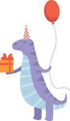 Cute dinosaur in party hat with gift box vector