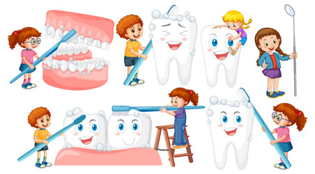 set of happy kids holding dental cleaning vector