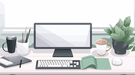 Workspace office with computer and hot coffee vector