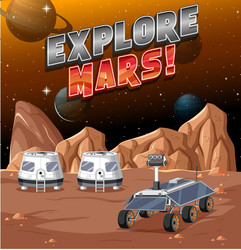 Space station on planet with explore mars logo vector