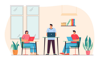 Employees sitting and standing at computer desks vector