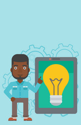 man pointing at big tablet computer vector image