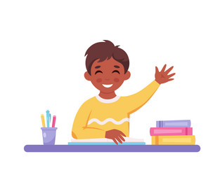 Boy raising hand to answer in lesson vector