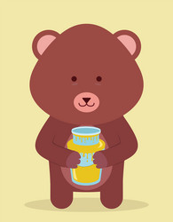 Cartoon funny baby bear holding honey pot isolated