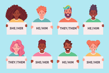 People holding sign with gender pronouns vector