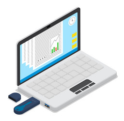 Isometric open portable notebook with usb stick vector