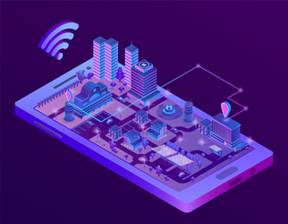 Isometric smart city on smartphone screen vector