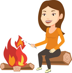 Woman roasting marshmallow over campfire vector