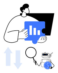 man analyzing puzzle chart robot holding vector image