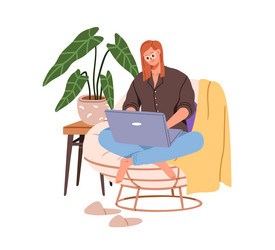 Happy woman works from home sitting in cozy vector