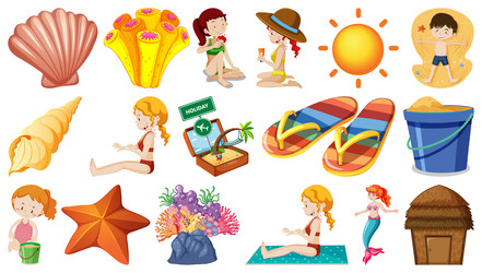 set of summer beach objects and cartoon characters vector image