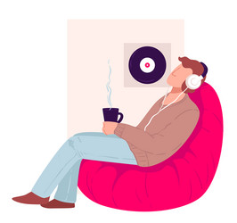 Man drinking tea listening to music at home vector