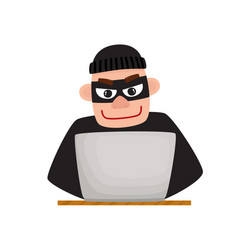 hacker in black mask using laptop for computer vector image