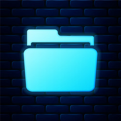 Glowing neon folder icon isolated on brick wall vector