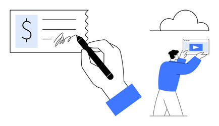 hand writing check and person uploading media file vector image