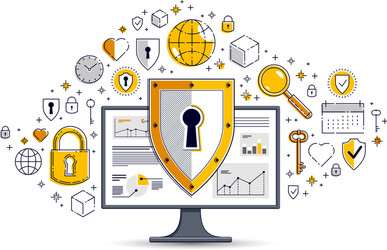 shield over computer monitor and set of icons vector image